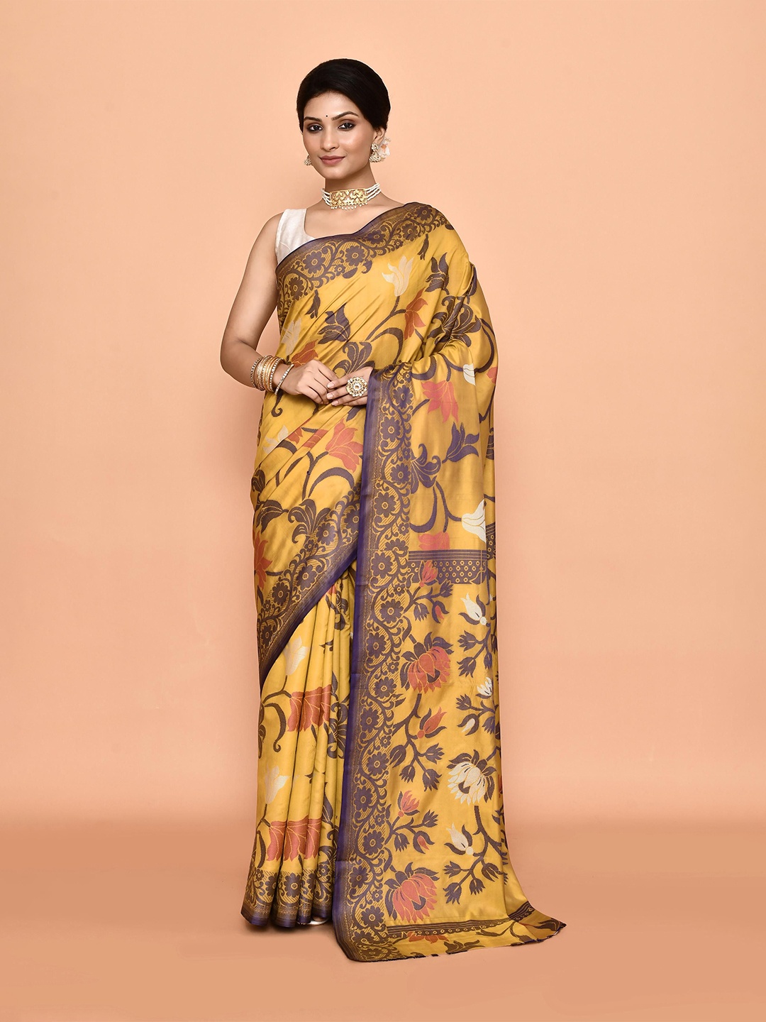 

PUKU Floral Printed Taant Saree Without Blouse Fabric, Mustard