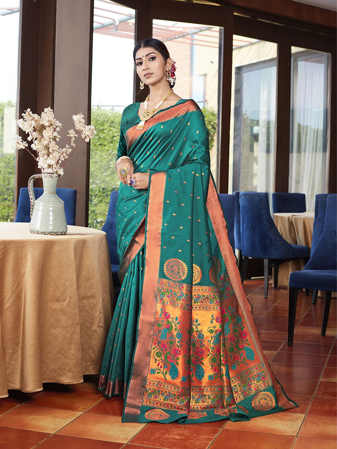 

JUST FASHION Women Woven Design Zari Paithani Saree With Blouse Piece, Teal