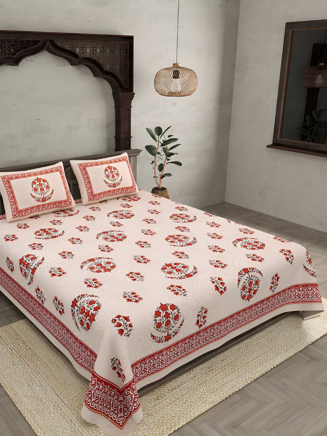 

BED-SHEET.COM Peach-Coloured Floral 240 TC King Bedsheet Set 2.74 m x 2.54 m