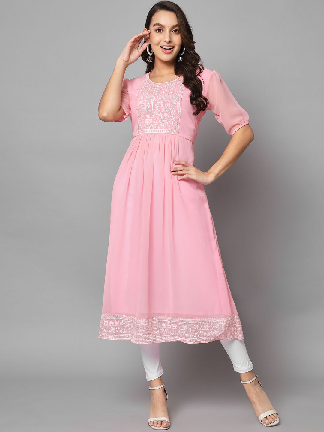 

HERE&NOW Women Embroidered Thread Work Georgette Kurta, Pink
