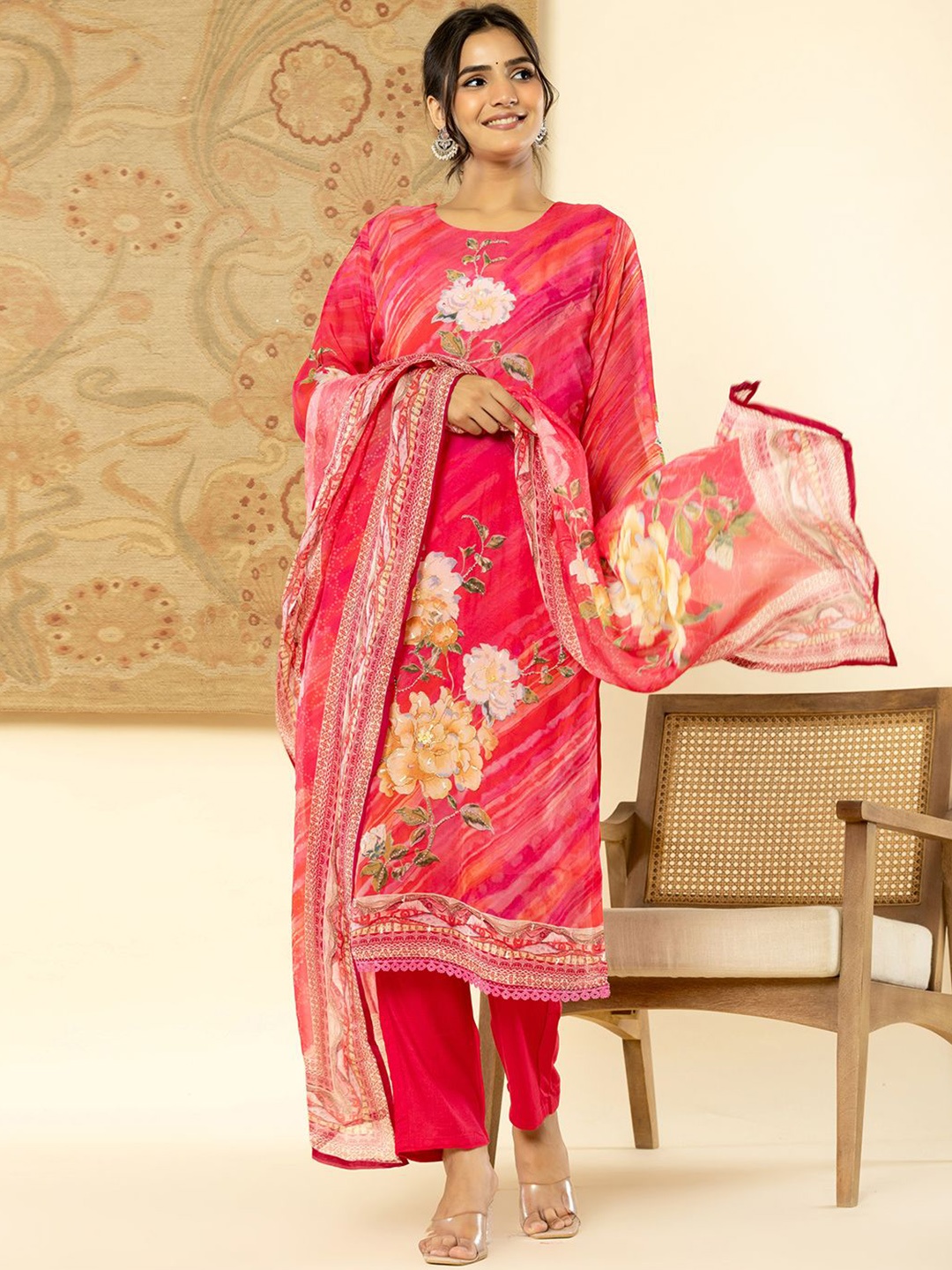 

Yufta Pink Floral Printed Regular Beads Work Organza Kurta With Trouser With Dupatta