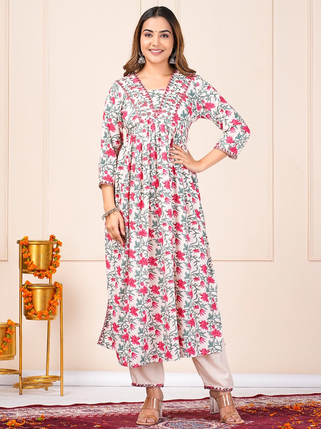 

Ligas Women Floral Embroidered Pleated Pure Cotton Kurta with Trousers, White