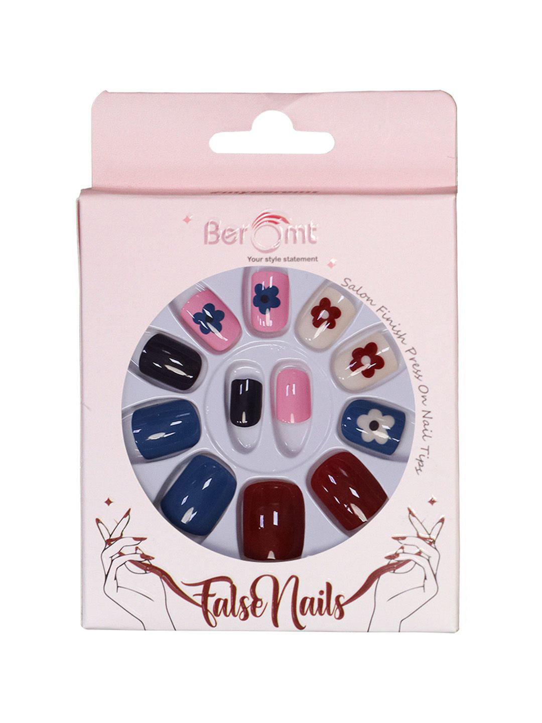 

BEROMT Set Of 12 Press On Artificial Nails With Nail Glue & Filler - Shade -BFN665CN, Pink