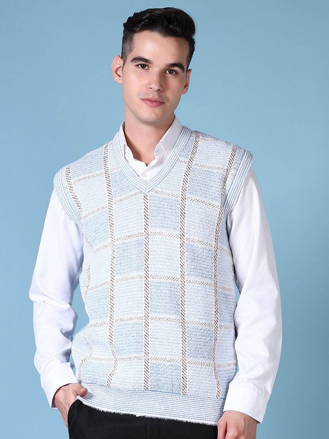 

V-Mart Men V Neck Checked Cotton Sweater Vest, Blue