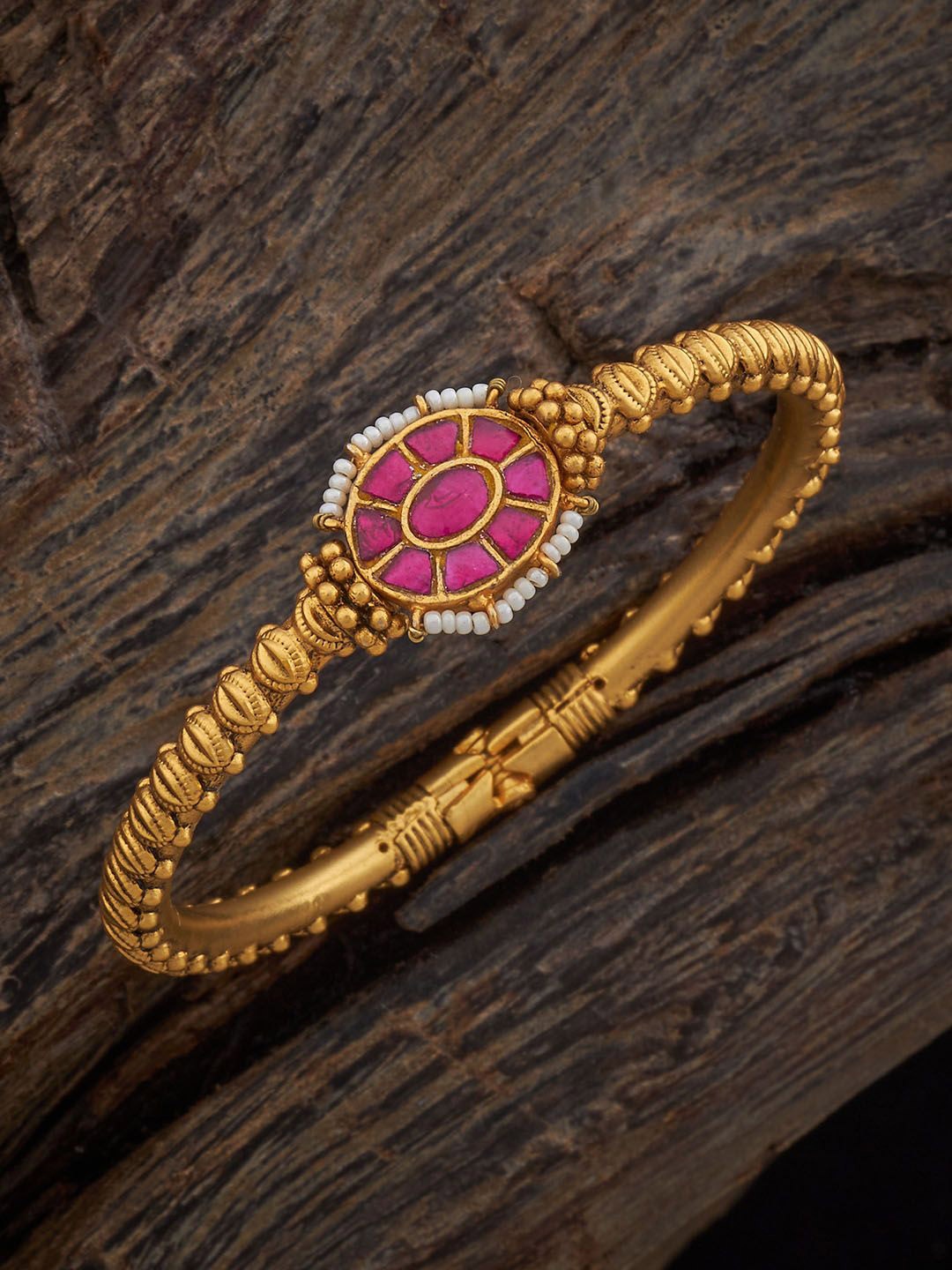 

Kushal's Fashion Jewellery Gold-Plated Ruby Studded Antique Bangle