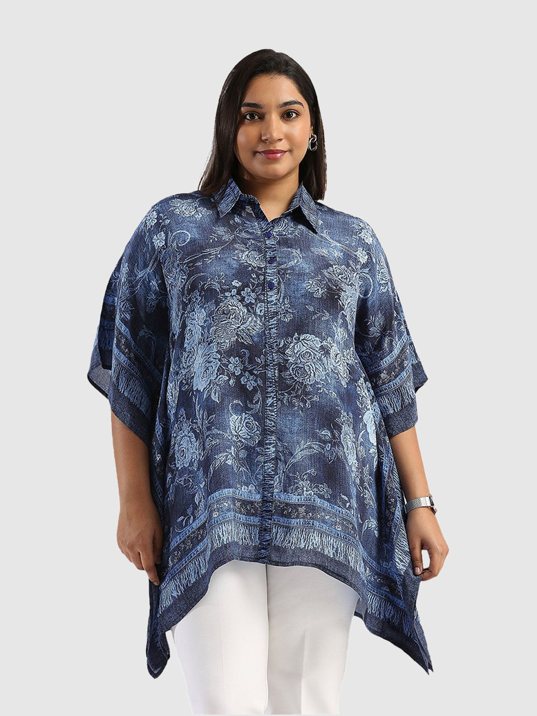 

Presence Printed Shirt Collar Plus Size Kaftan Top, Blue