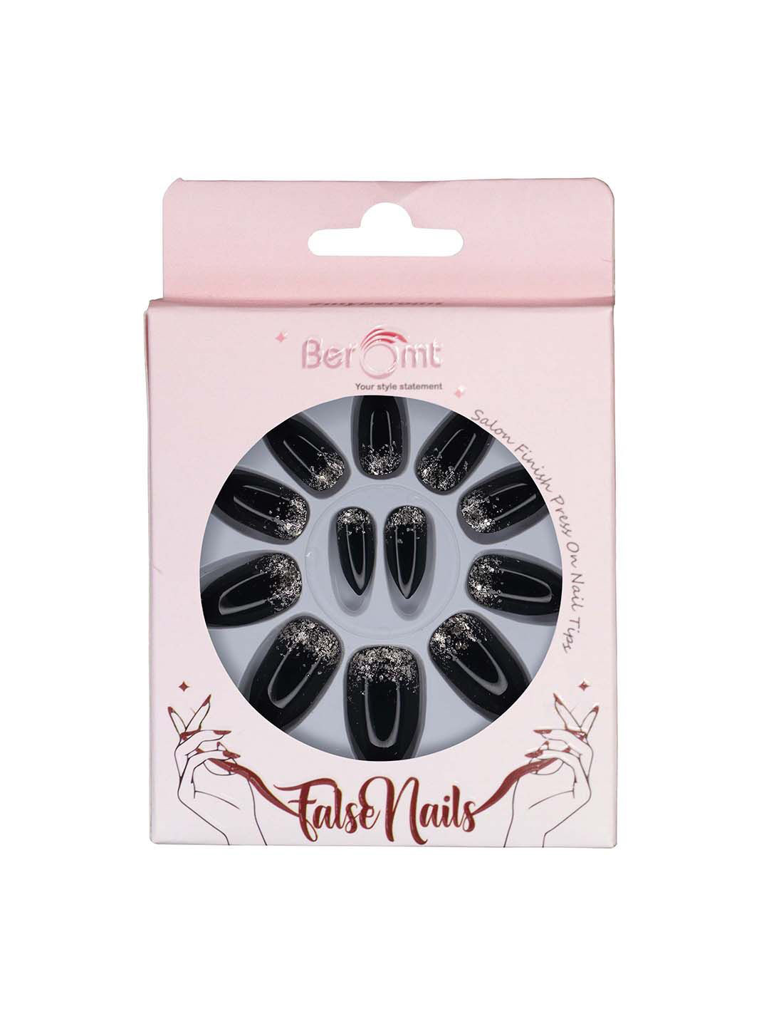

BEROMT Set Of 12 Salon Finish Press On Nail Tip With Application Kit - BFN627BPN, Black