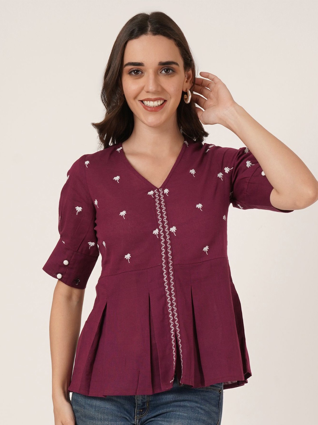 

Brownverse Women Floral Embroidered Cotton Peplum Top, Maroon