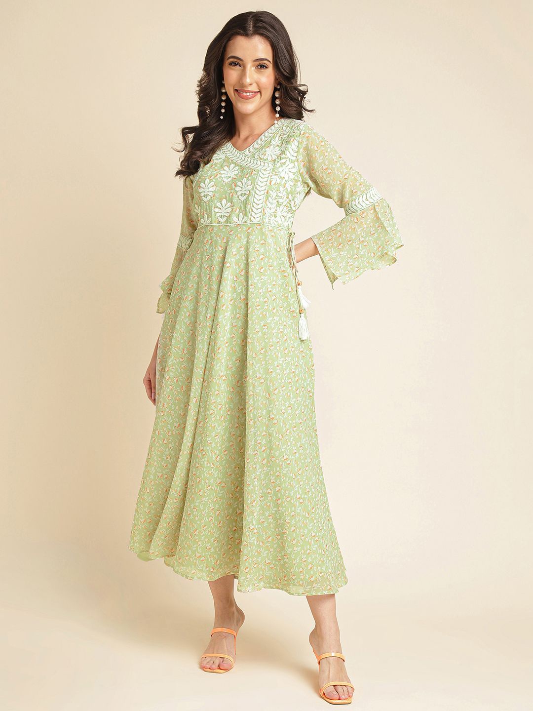 

DressBerry Embellished Embroidered Georgette Fit & Flare Maxi Dress, Green