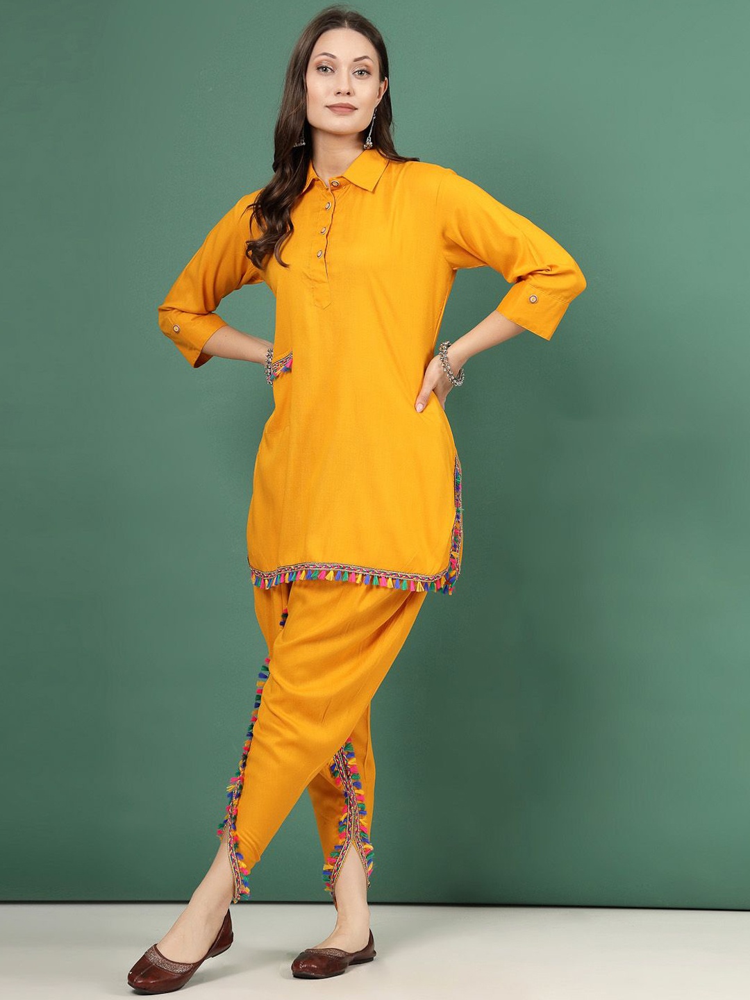 

Clora Creation Embellished Mandarin Collar Tunic With Dhoti Pant, Mustard