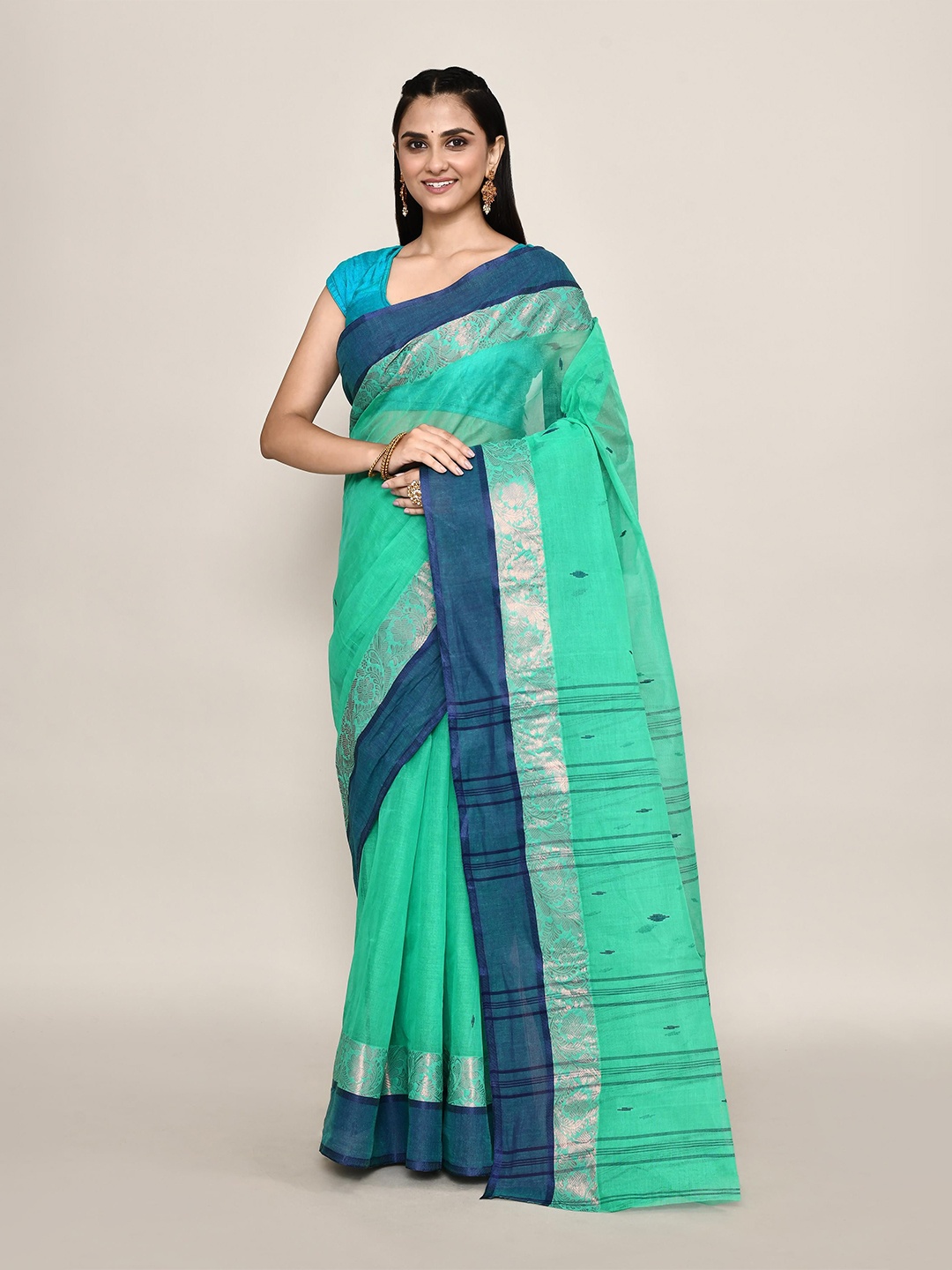 

PUKU Woven Design Pure Cotton Taant Saree, Sea green