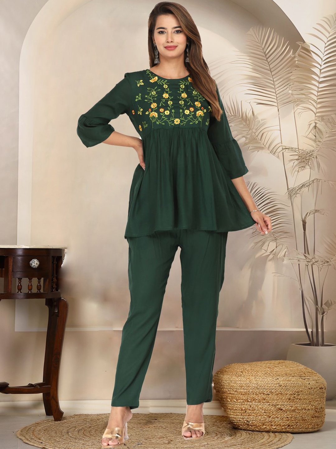 

MARISY Floral Embroidered Round Neck Bell Sleeves Thread Work Top & Trousers, Green