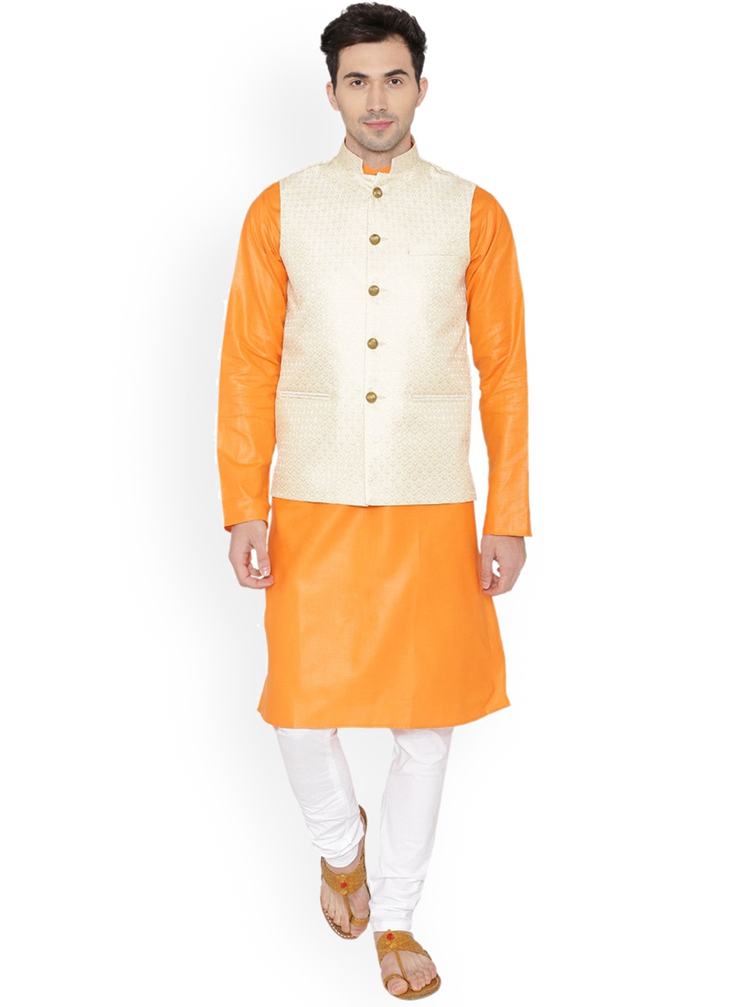 

Wintage Mandarin Collar Straight Kurta with Pyjamas & Nehru Jacket, Orange