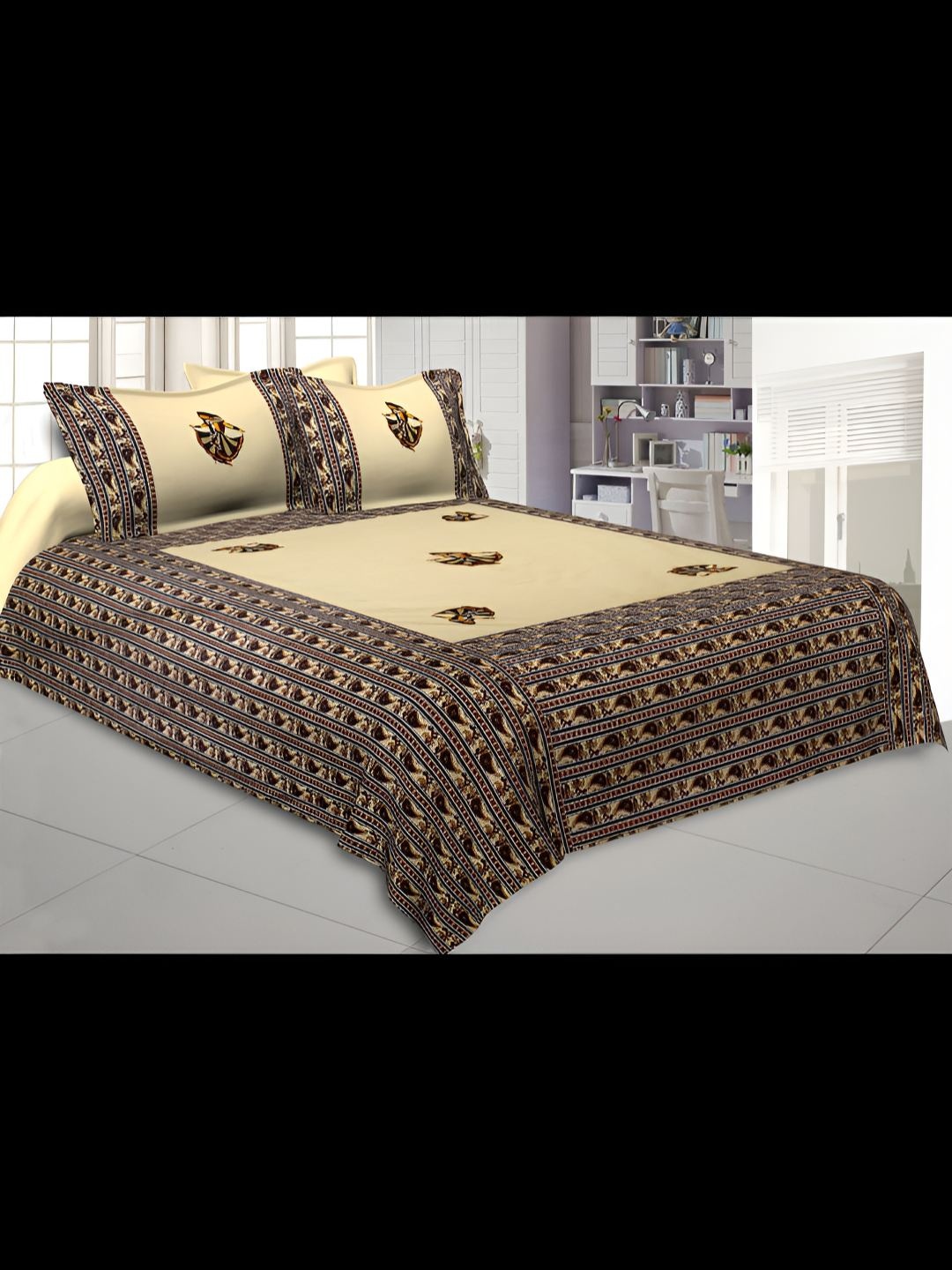 

BED-SHEET.COM Cream-Coloured Printed Cotton 240 TC King Bedsheet Set 2.74 m x 2.24 m