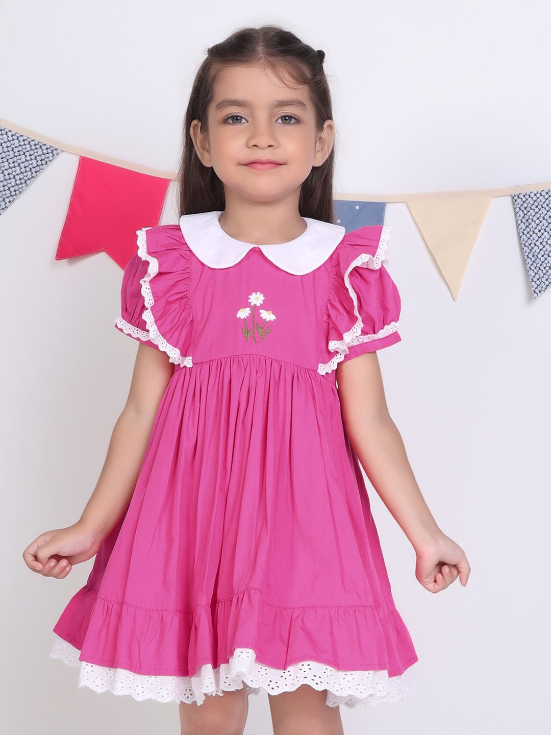 

Soleilclo Girls Peter Pan Collar Fit & Flare Puff Sleeve Dress, Pink