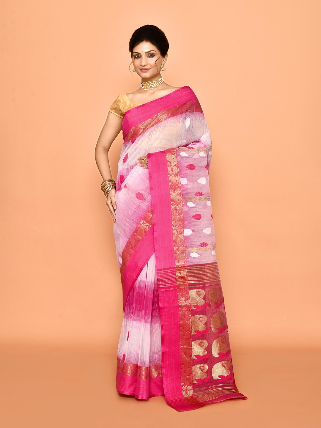 

PUKU Woven Design Zari Taant Saree, Pink