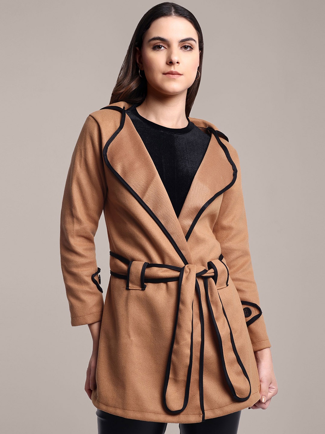

iki chic Women Tie-Up Overcoats With Piping, Beige