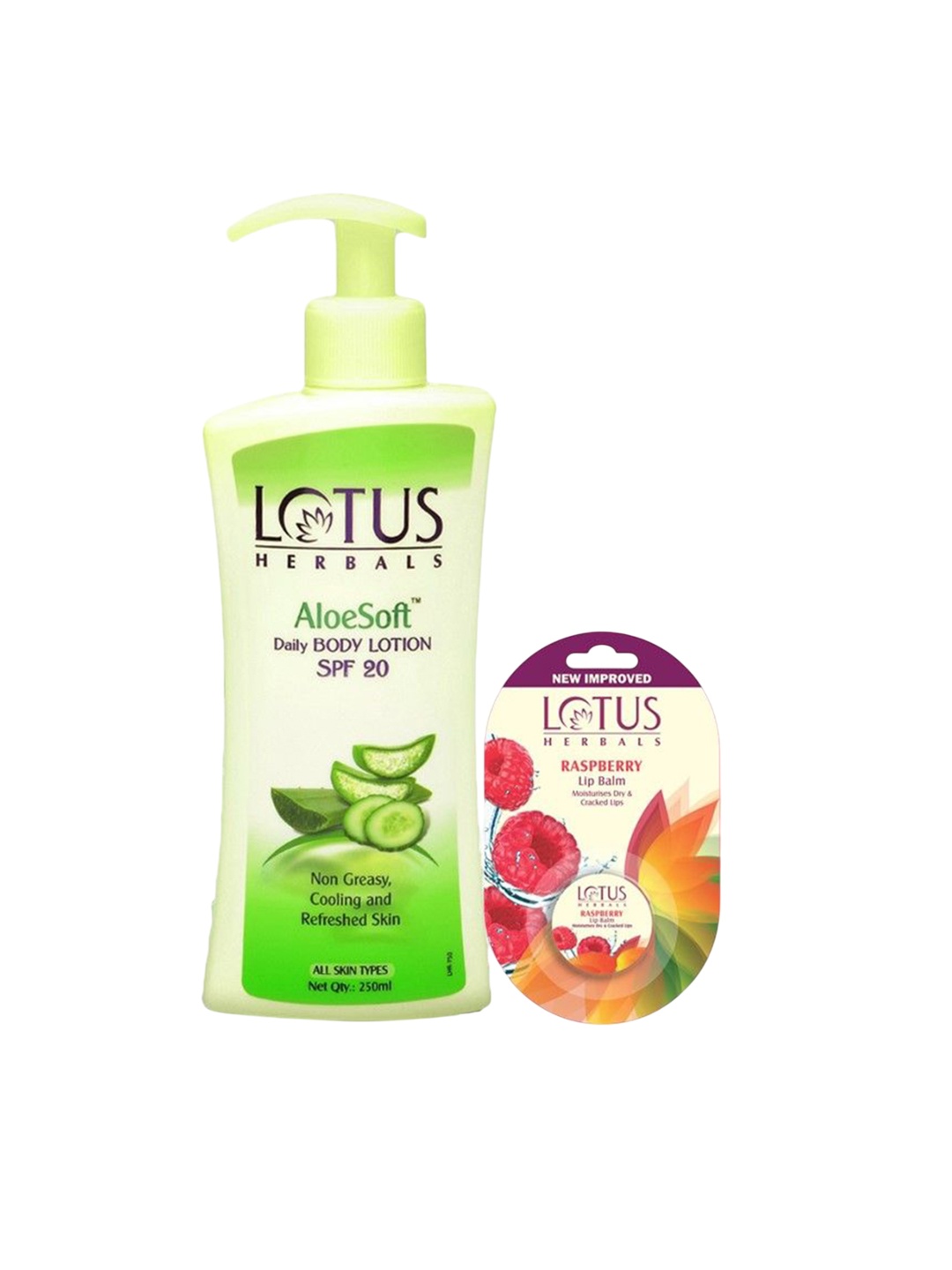 

Lotus Herbals Set Of 2 Aloe Vera Daily Body Lotion - 250 ml & Raspberry Lip Balm - 5 g, Green