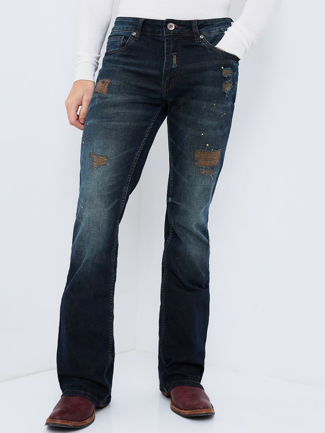 

mode de base Men Bootcut Low Distress Light Fade Stretchable Jeans, Blue