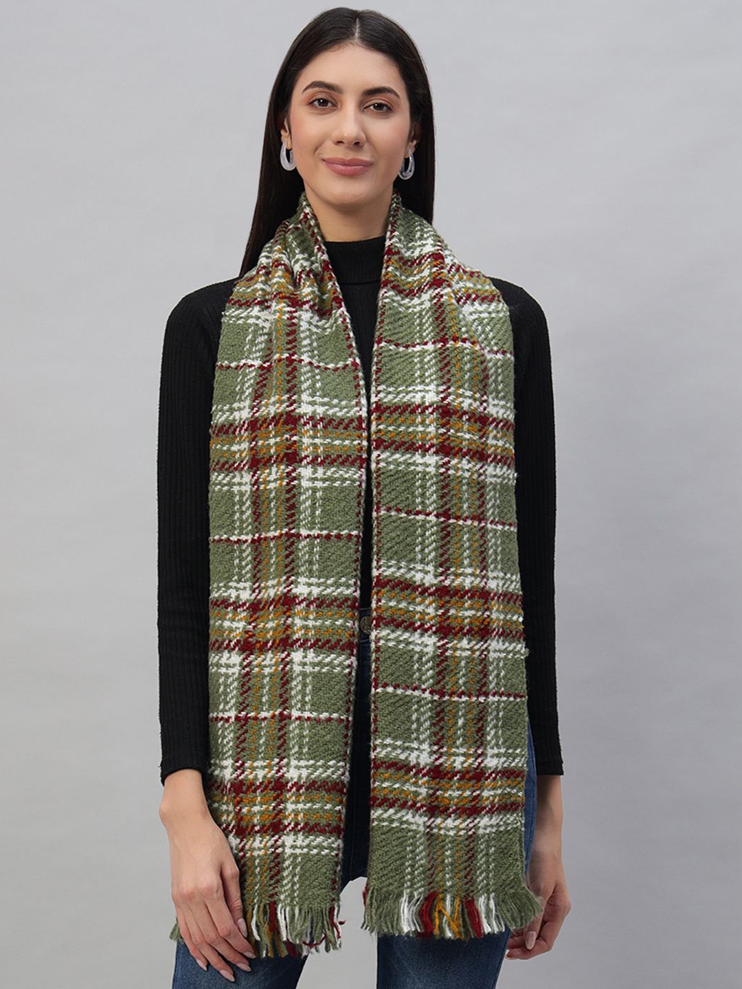 

HANDICRAFT PALACE Women Checked Printed Tasselled Scarf, Green