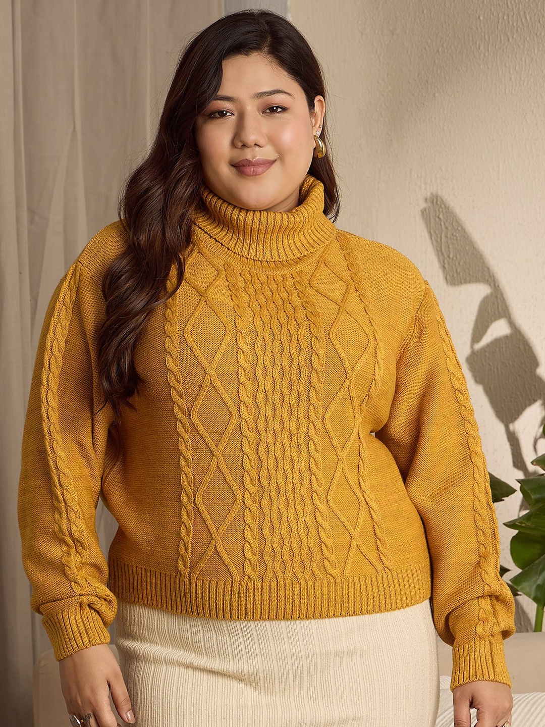 

Berrylush Curve Women Plus Size Cable Knit Turtle Neck Pullover Sweater, Yellow