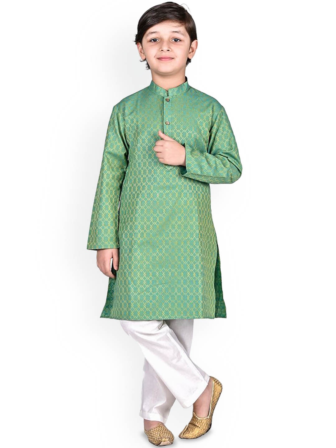 

itsmycostume Boys Ethnic Motifs Printed Regular Pure Cotton Straight Kurta with Trousers, Green