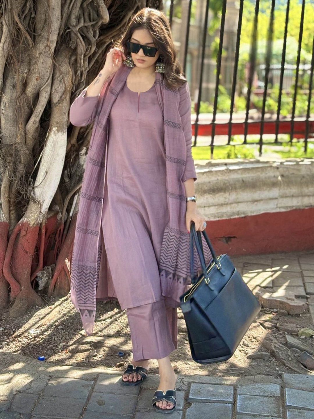 

KALINI Round Neck Straight Kurta With Trousers & Dupatta, Purple