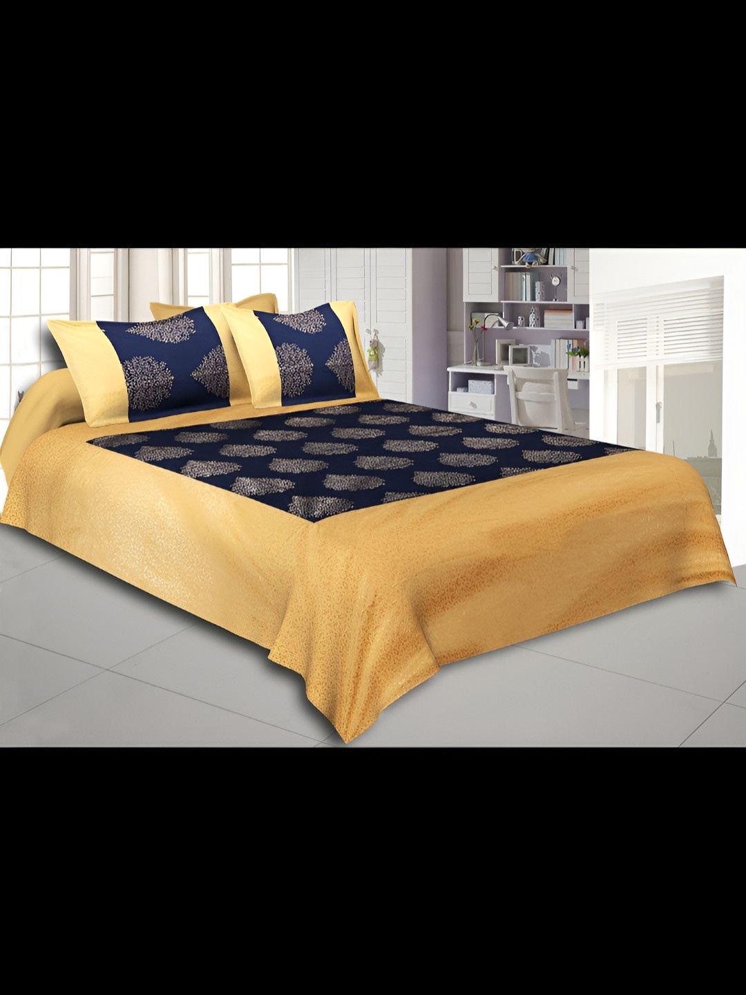 

BED-SHEET.COM Yellow & Navy Blue 180 TC King Bedsheet with 2 Pillow Covers