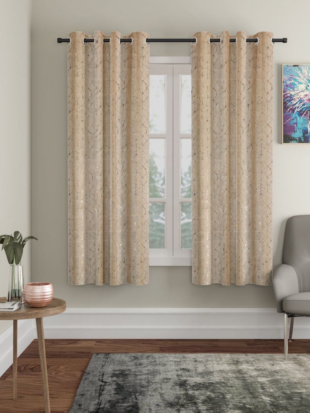 

SOKNACK Beige & Brown 2 Pieces Abstract Printed Black Out Window Curtains