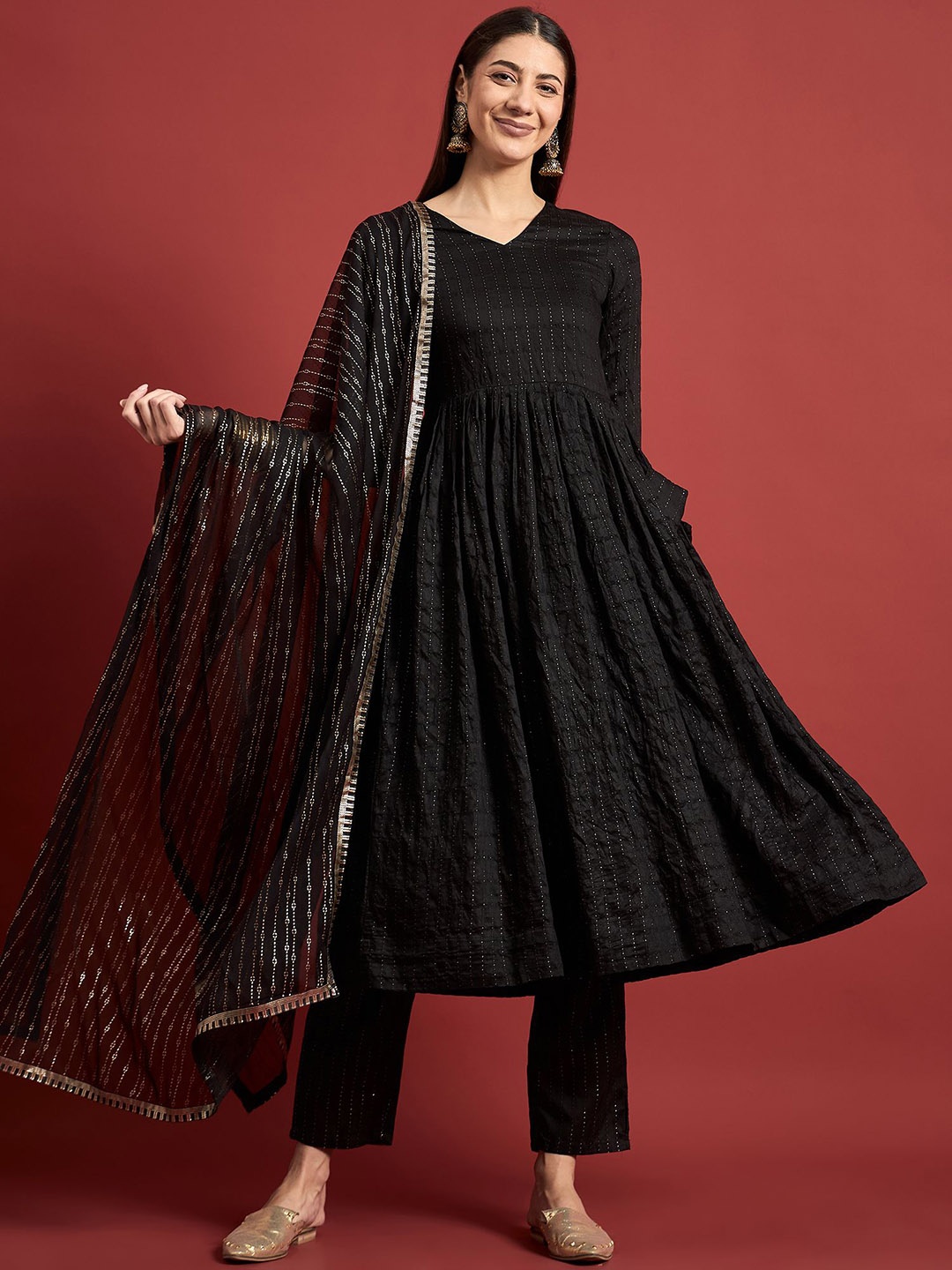 

all about you Striped V-Neck A-Line Kurta with Trousers & Dupatta, Black