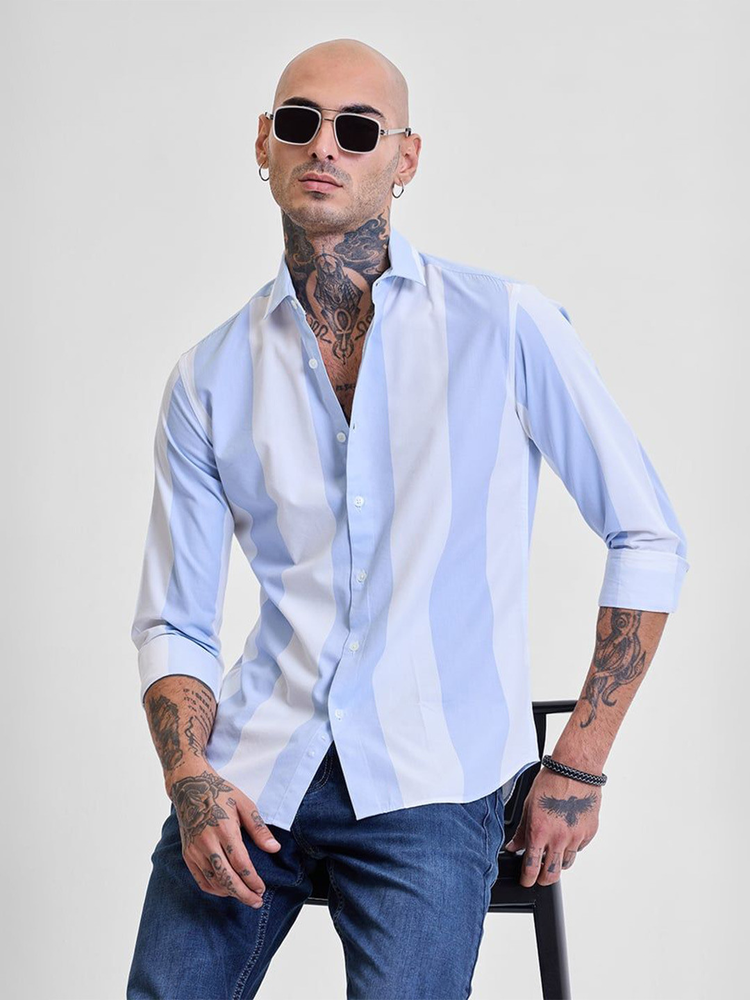 

Snitch Men Smart Slim Fit Opaque Striped Casual Shirt, Blue