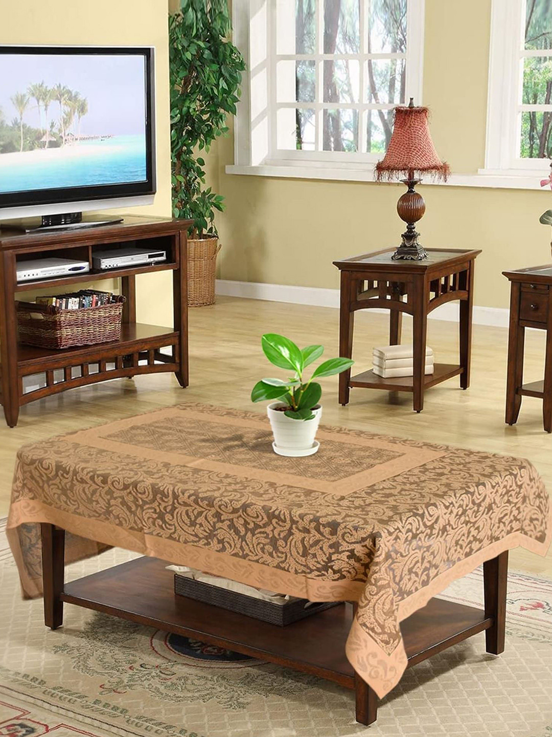 

Kuber Industries Brown Floral Printed Cotton 4-Seater Table Cover