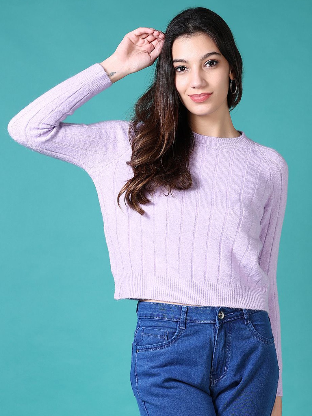 

V-Mart Women Striped Round Neck Long Sleeves Cotton Pullover Sweater, Purple