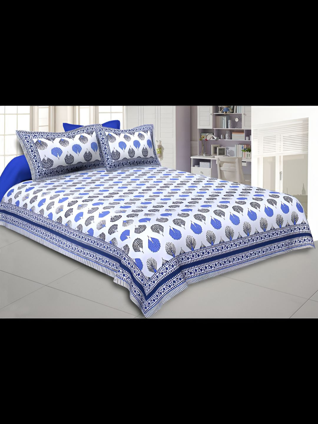 

BED-SHEET.COM Blue Ethnic Motifs Printed Cotton 240 TC King Bedsheet Set 2.74 m x 2.24 m