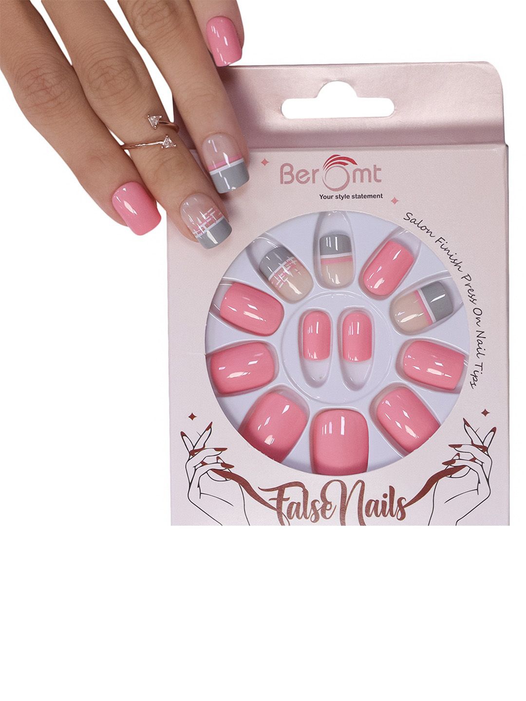 

BEROMT Set Of 16 Salon Finish Press On Nail Tip With Application Kit - BFN531CN, Pink