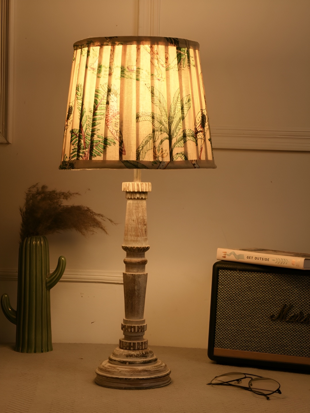 

green girgit White Printed Wood Triangle Table Lamp