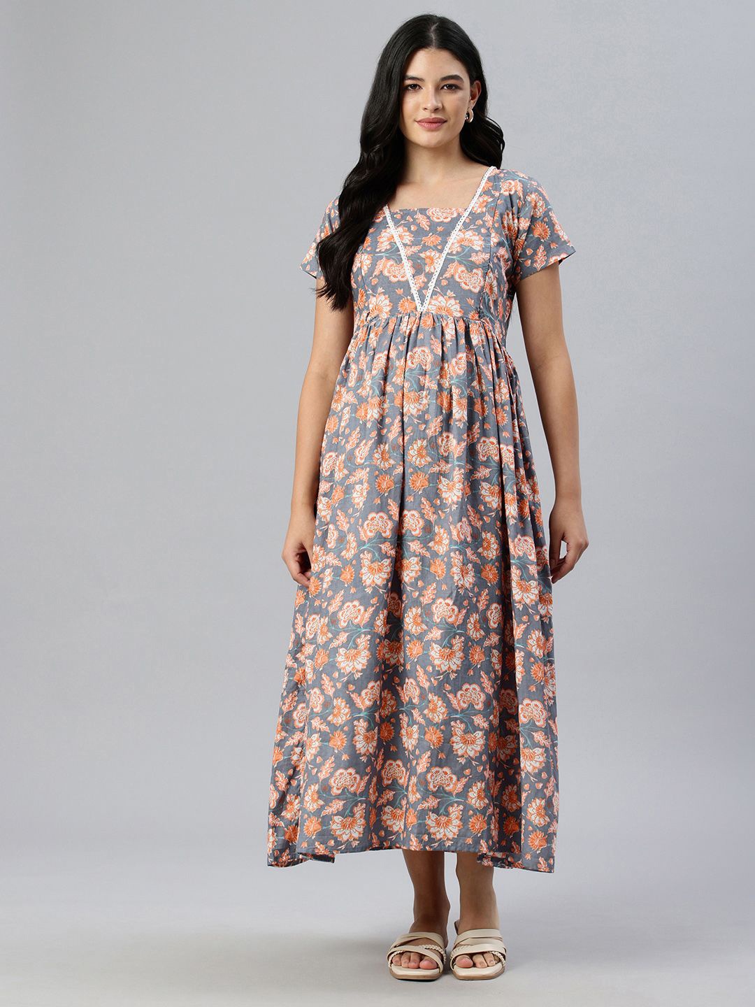 

Swishchick Floral Printed Cotton Maternity Fit & Flare Midi Dress, Grey