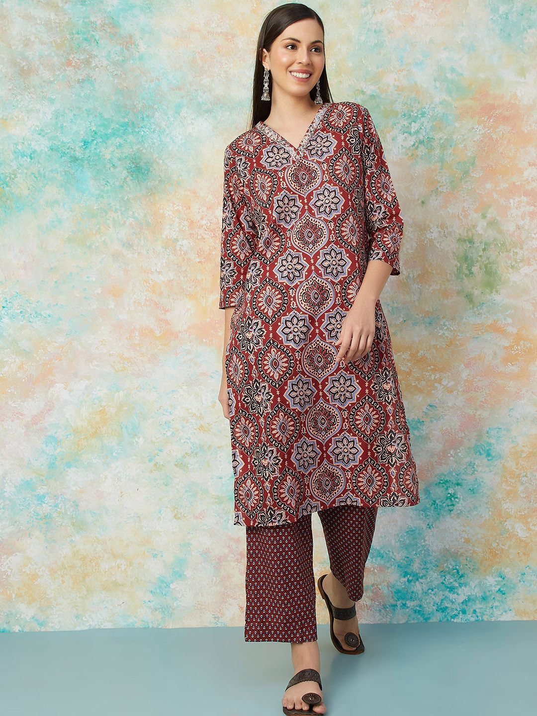 

Melange by Lifestyle V-Neck Floral Printed Pure Cotton Straight Kurta with Trousers, Red