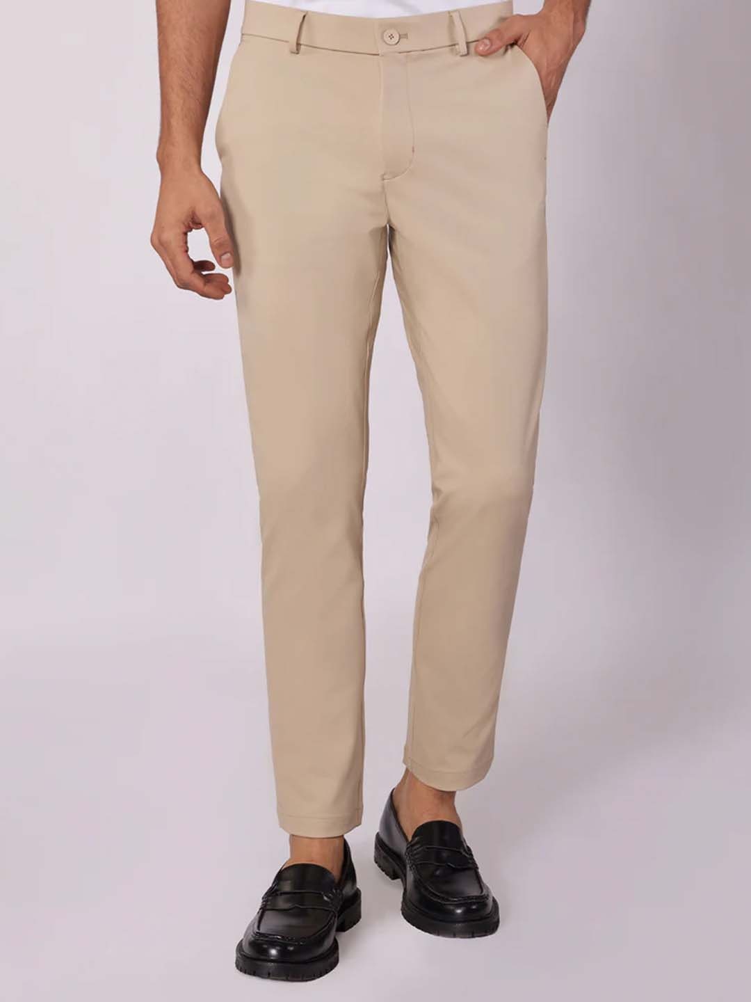 

Bombay Shirt Company Men Tapered Fit Low-Rise Pleated Chinos Trousers, Beige