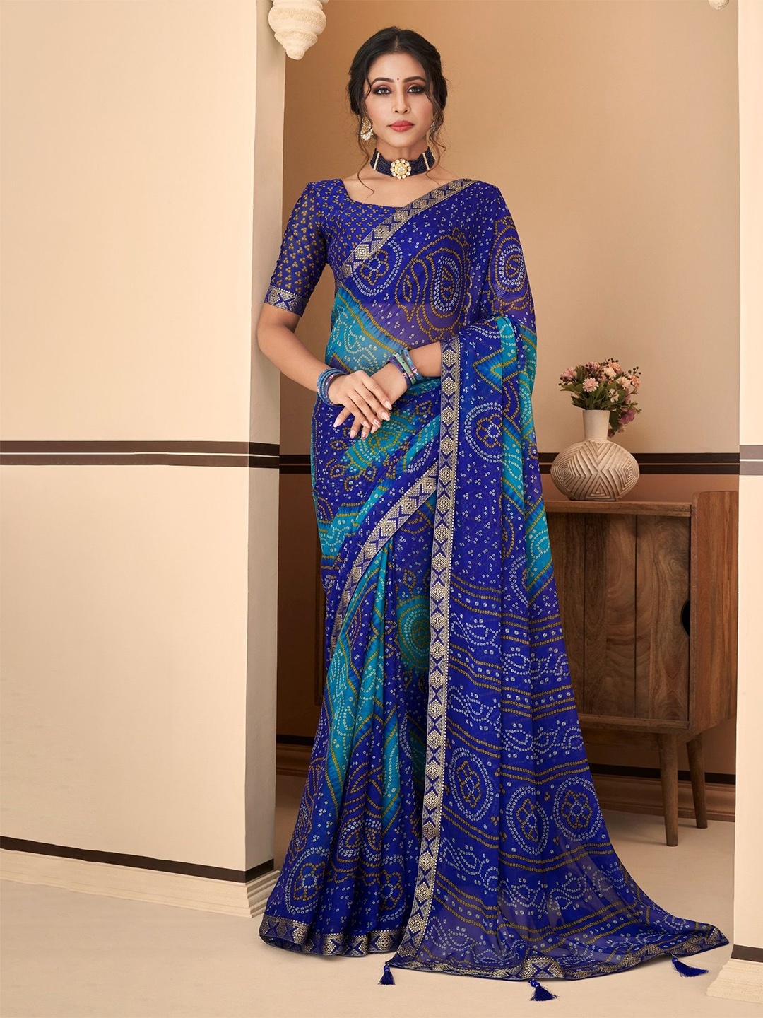 

Reboot Fashions Bandhani Pure Chiffon Bandhani Saree, Blue