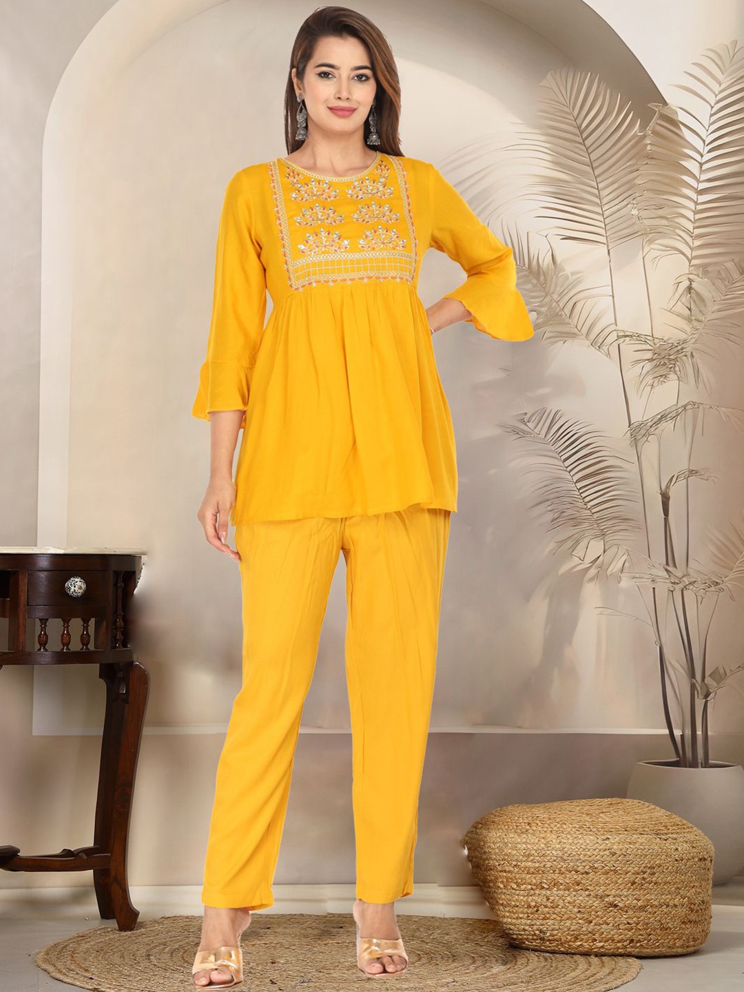

MARISY Floral Embroidered Round Neck Bell Sleeves Mirror Work Top & Trousers, Yellow