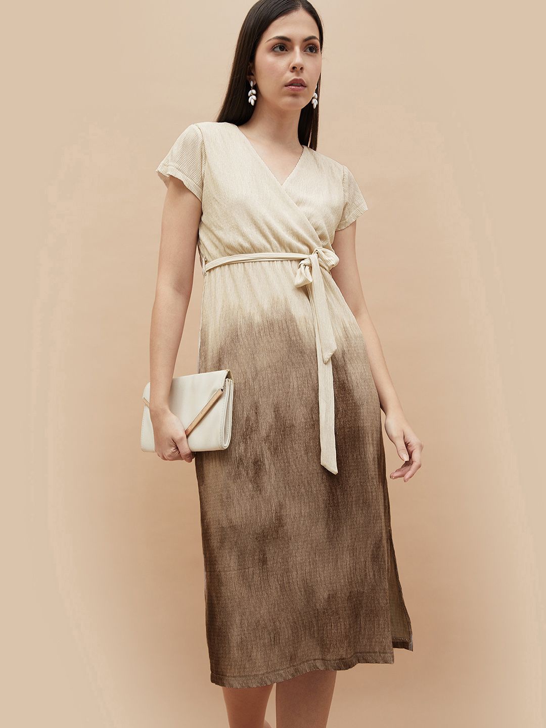 

CODE by Lifestyle Women Printed Wrap Midi Dress, Beige