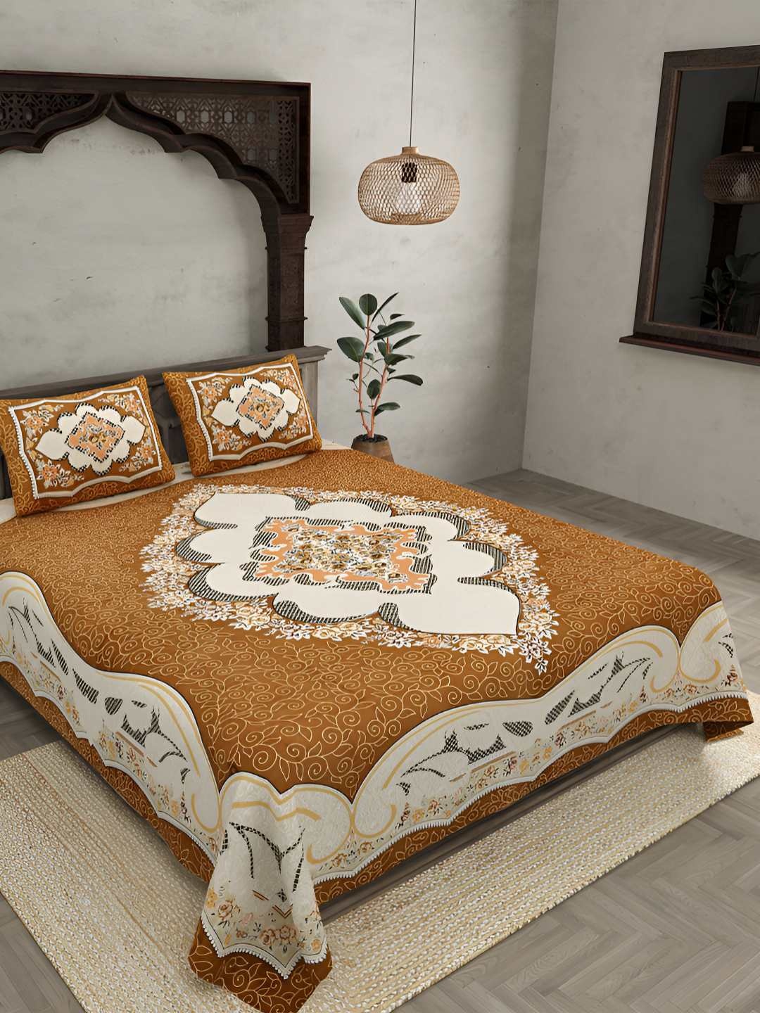 

BED-SHEET.COM Brown Floral Printed 240 TC Cotton King Bedsheet Set- 2.54 M x 2.74 M