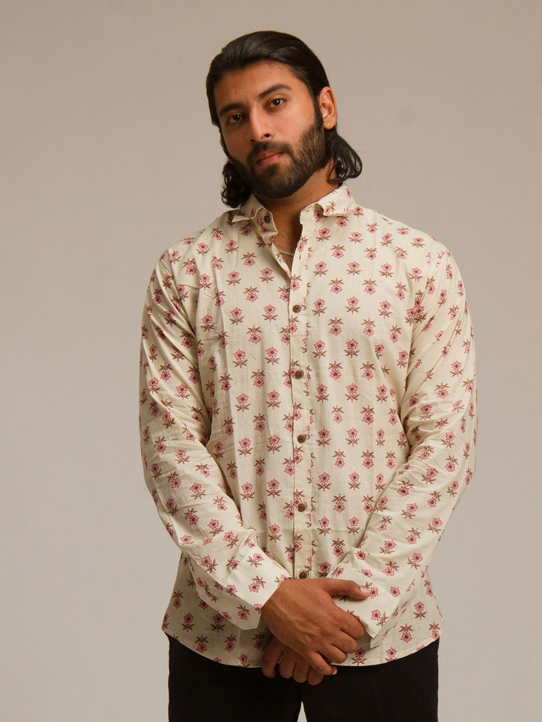 

Bhanwar Jaipur Men Classic Opaque Printed Party Shirt, Cream