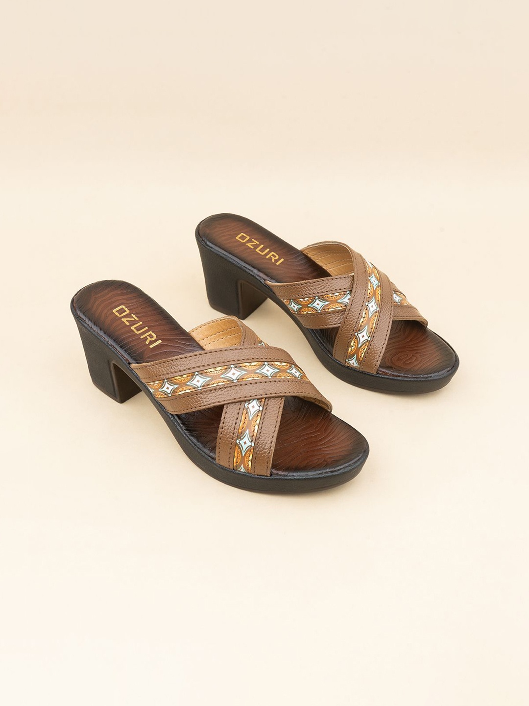 

Ozuri Women Printed Leather Block Heel Sandals, Rust