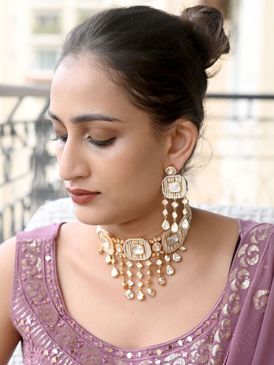 

ODETTE Gold Plated Stainless Steel Stones Studded & Beaded Jewellery Set