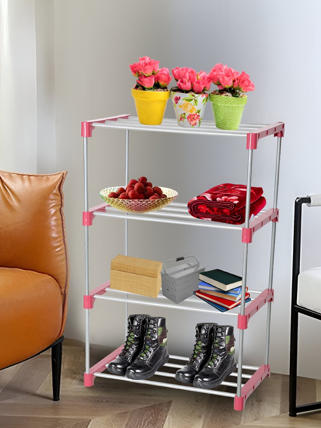 

Decent Hut Pink & Silver Toned Stainless Steel Foldable 4 Shelves Shoe Rack