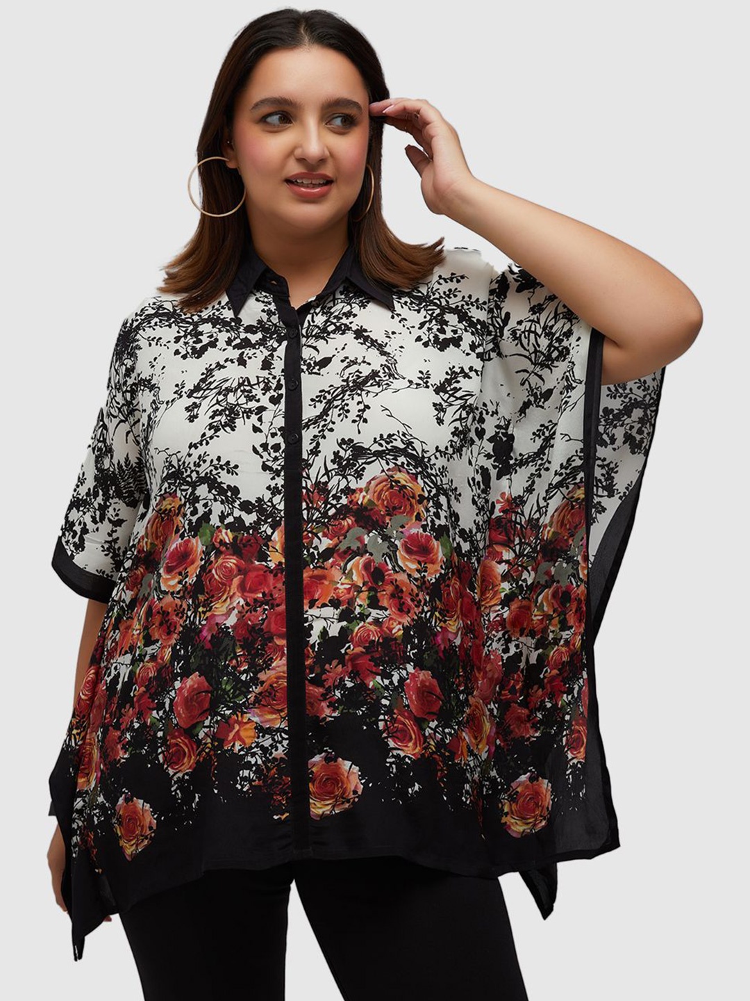 

Presence Women Floral Printed Plus Size KaftanTop, Black