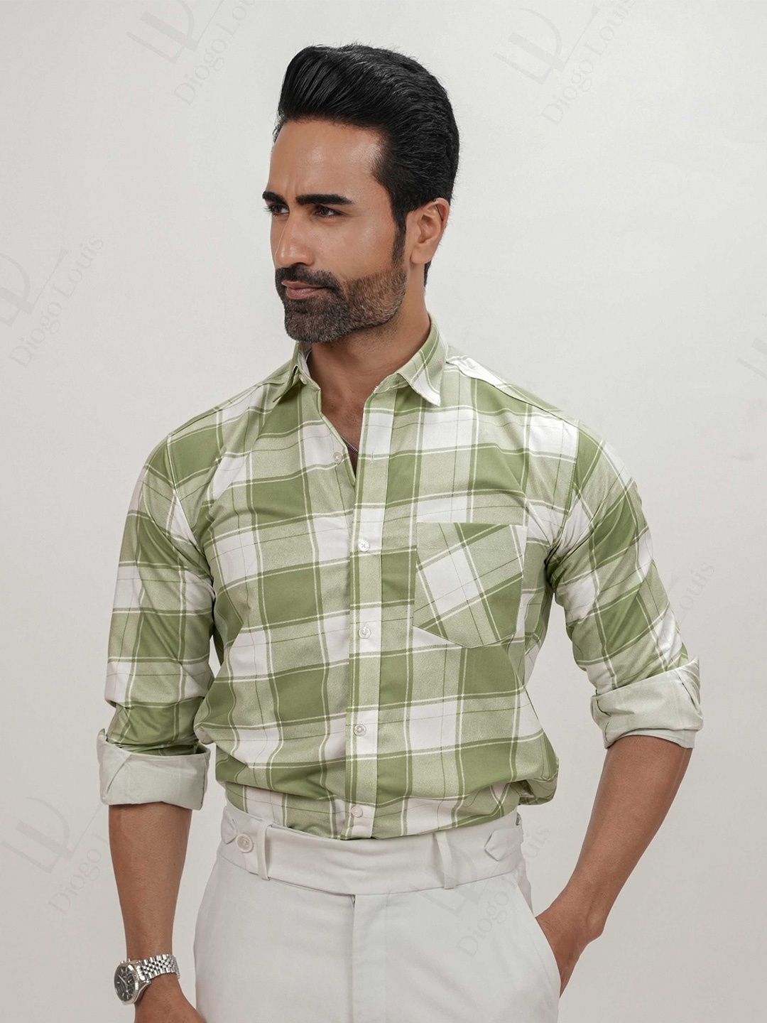 

DIOGO LOUIS Men Square Check Cotton Blend Formal Shirt, Green