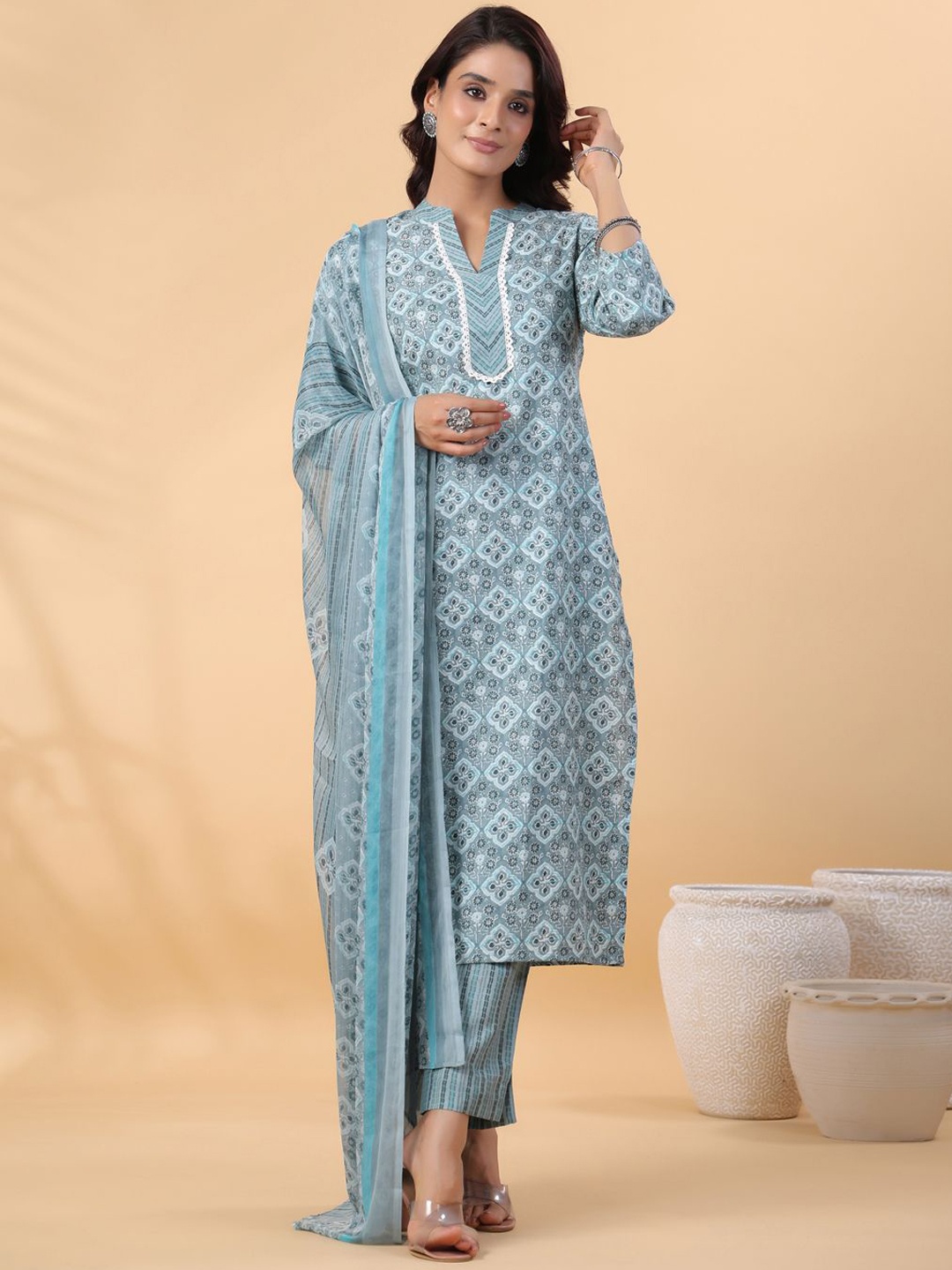 

KALINI Ethnic Motifs Printed Straight Kurta With Trousers & Dupatta, Blue